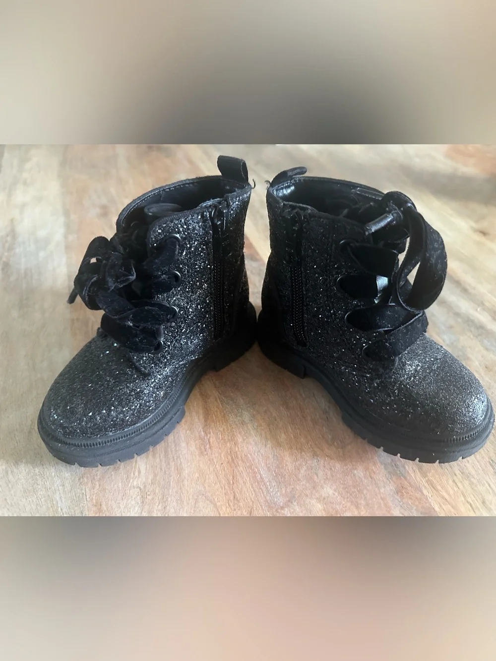 Cat & Jack Toddler Girls Black Glitter Combat Boots Velvet Laces Side Zip